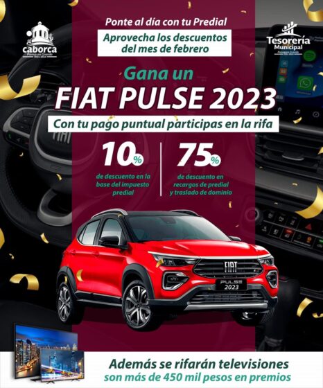 Ponte al día con tu Predial y gánate un Fiat Pulse 2023 o una de las 20 televisión de hasta 50 pulgadas.