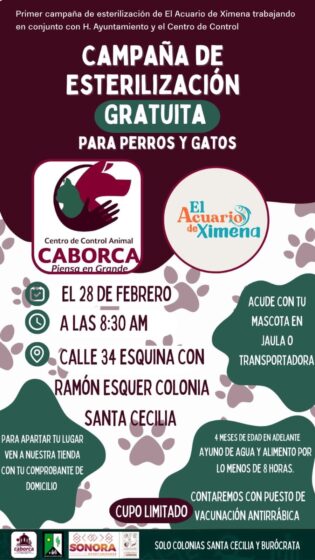 El H. Ayuntamiento de Caborca y El Acuario de Ximena te invitan a la campaña gratuita de esterilización